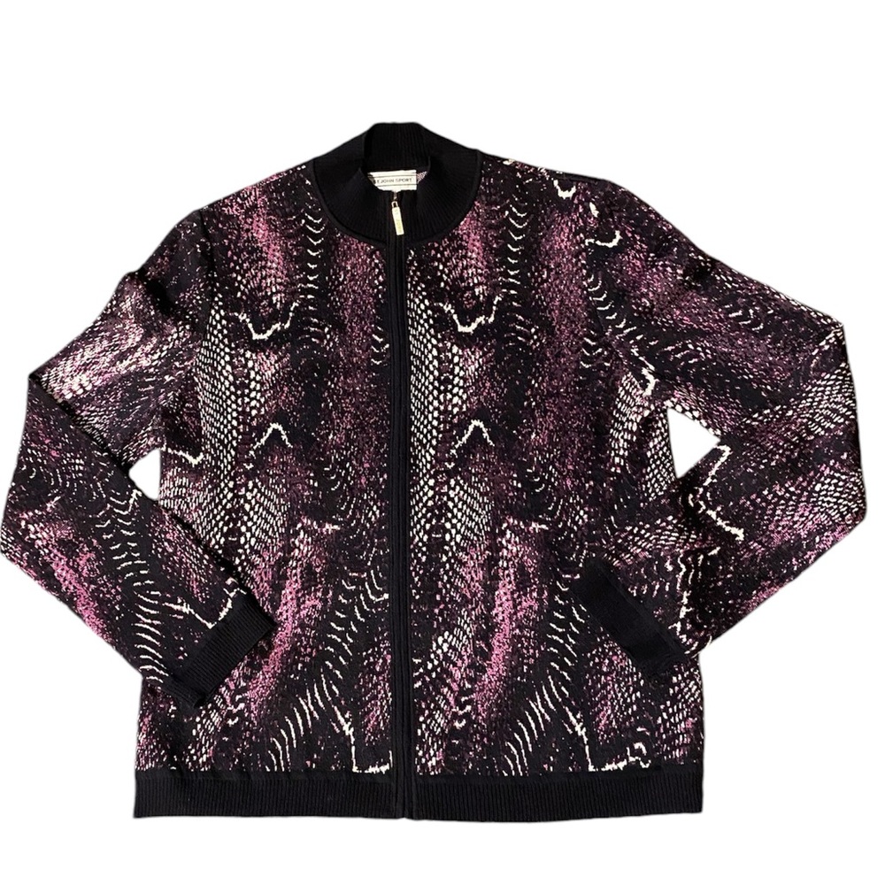 St John Wool Full Zip Snakeskin Print Cardigan Knit Sweater Purple Womens Sz Med